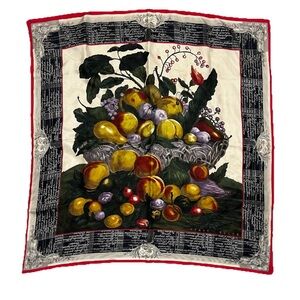 Perry Ellis Vintage Silk Scarf Peach Fruit Harvest Basket 100% Silk Square